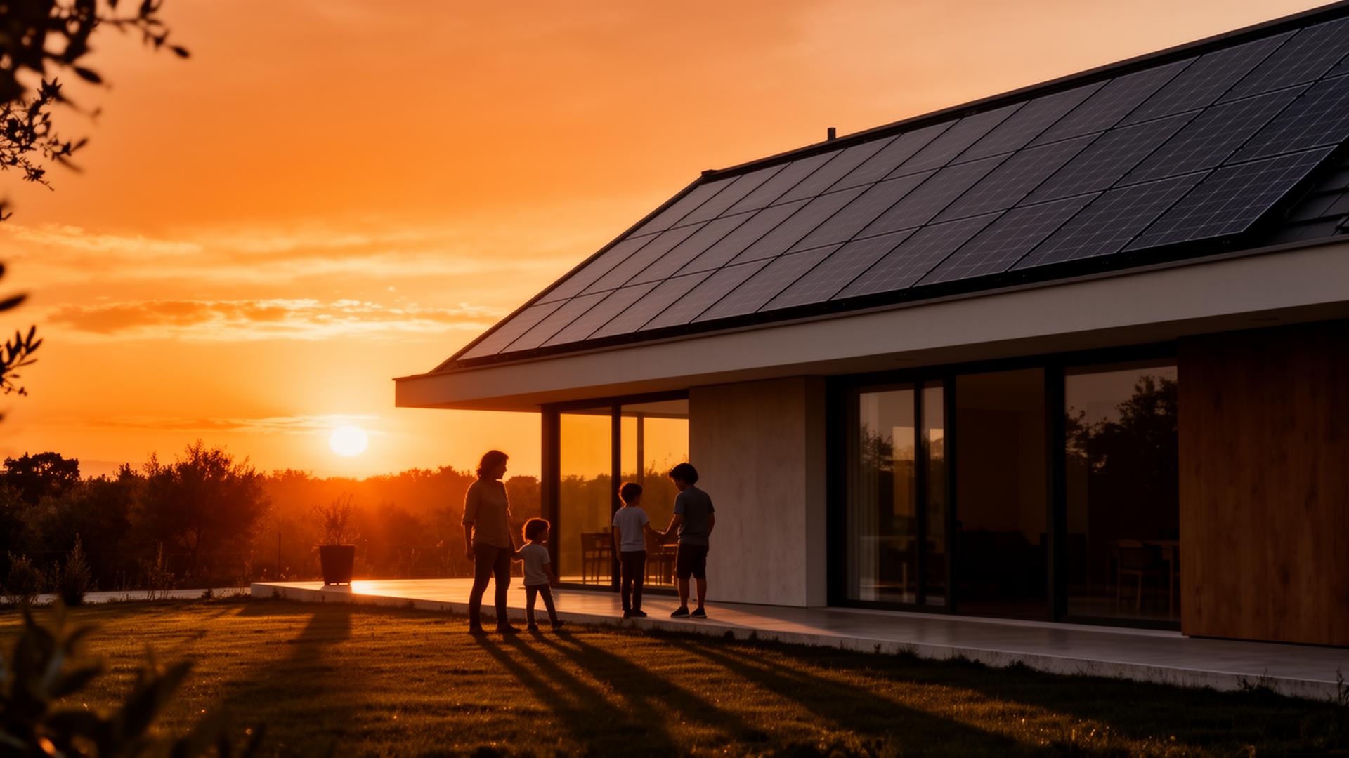 Casa moderna com painéis fotovoltaicos ao pôr do sol